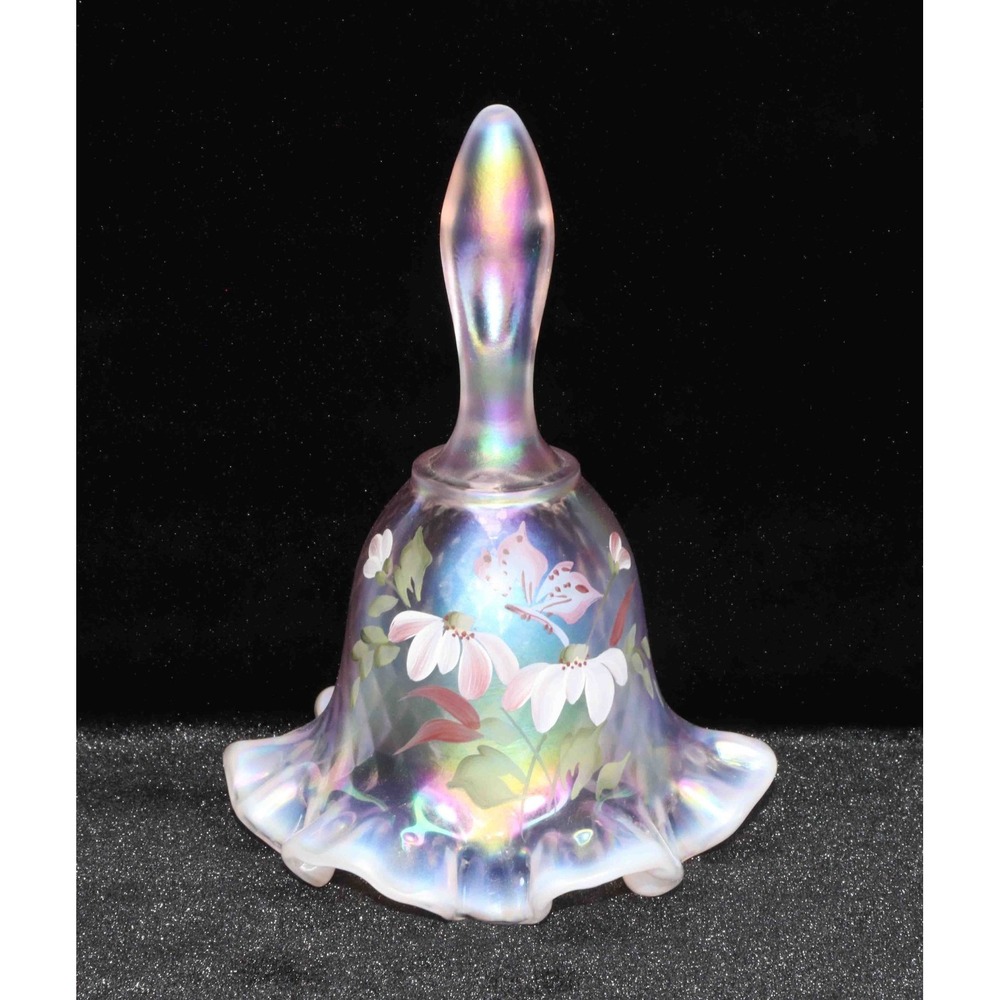 Vintage Fenton Opalescent Floral Hand Painted/Signed Ruffled Bell 6 1/4"